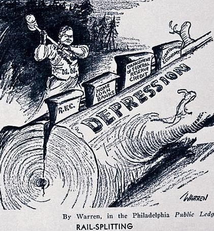 Political cartoon showing a figure labeled as splitting rails marked "DEPRESSION" while standing on railroad tracks