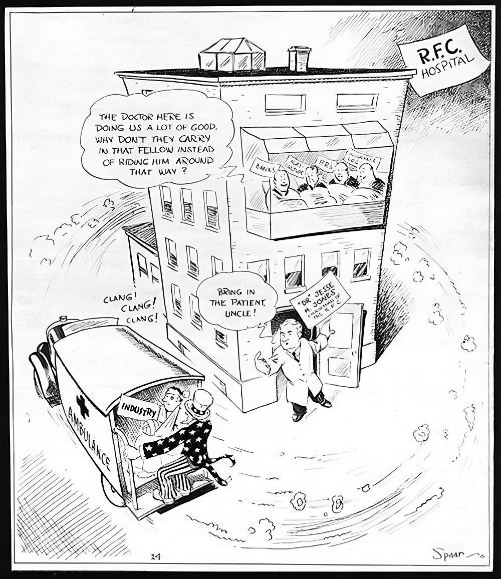 RFC political cartoon showing a large building labeled "R.F.C." with text bubbles discussing loans and economic activity